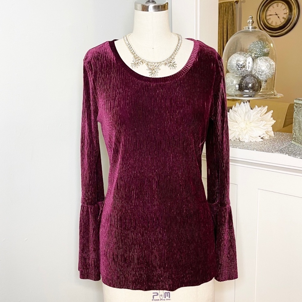 Tribal Burgundy Velvet Scoop Neck Bell Sleeve Stretchy Top Medium - Picture 2 of 13